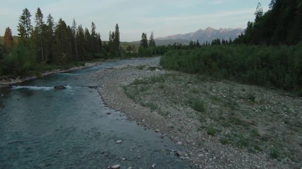 Aerial View of Mountain Brook or River Flowing in the Green Valley alt