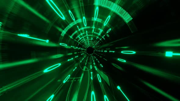 Neon Moving Rotating Digital Green Binary Tunnel with Access to Black Space