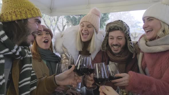 Happy friends group toasting red wine dining at restaurant terrace