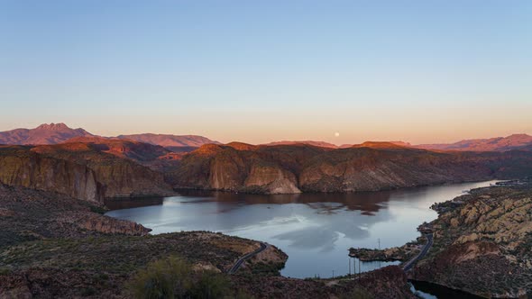 Sunset and Full Moon Rising over Canyon Lake in Arizona