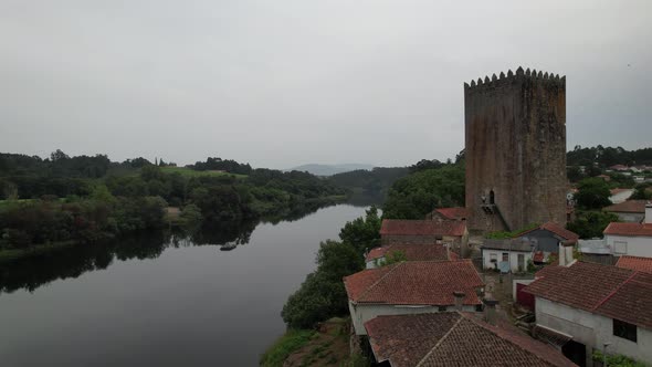 Flying Over Medieval Castle of Lapela in Monção. River Minho Border Between Portugal and Spain alt