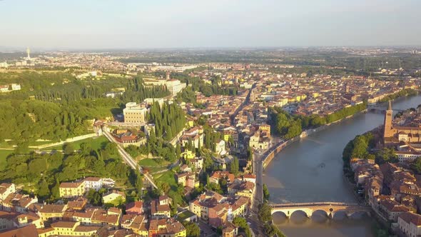 Verona Italy Skyline Aerial View From Sky of Historical City Centre Bridges Across Adige River alt