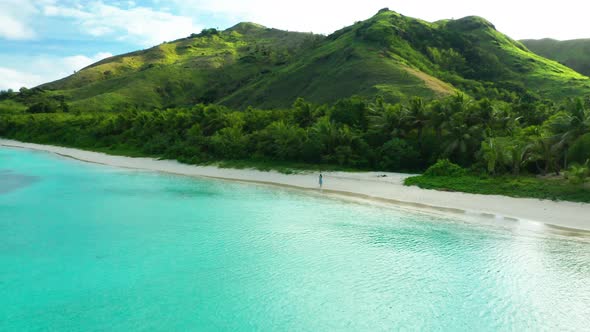 Young girl walks on pristine white sandy beach on a tropical island in Pacific alt