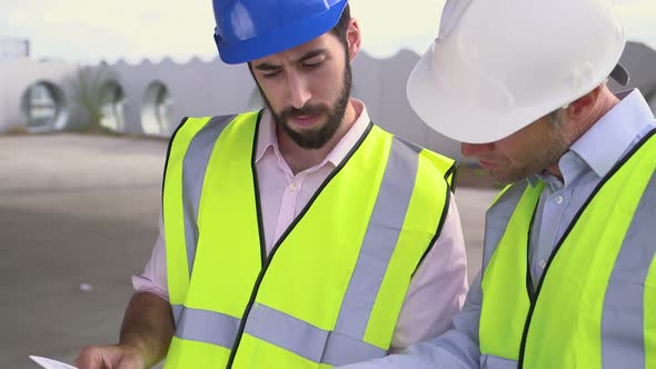 Male architect discussing with blueprint at construction site