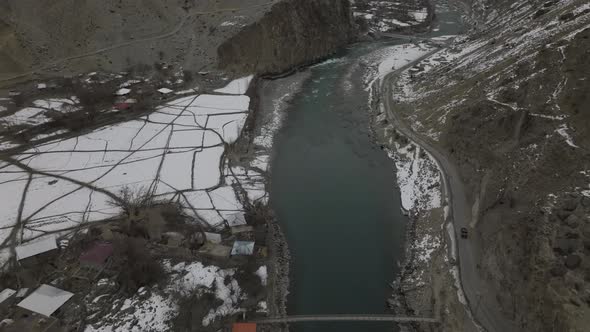 Top Down View Of Karakoram Highway Near Khunjerab Pass, Hunza Valley, Pakistan - drone static shot alt