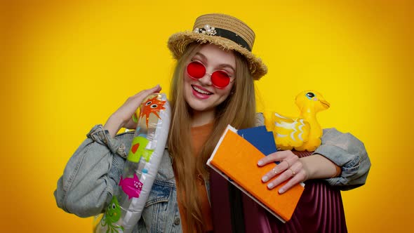 Traveler Tourist Cheerful Teen Stylish Girl Celebrating Dancing Holding Passport Tickets Luggage alt