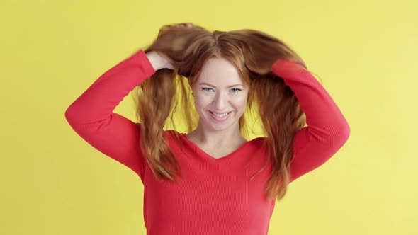Portrait Of Happy Woman, Smiling, On yellow background.
