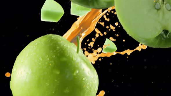 Green Apple with Slices Falling on Black Background alt