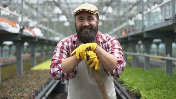 Hardworking Farmer Smiling at Camera in Greenhouse, Employment in Agriculture