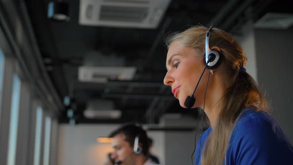 Call-centre Lady Employee Happy of Conversation with Customer alt