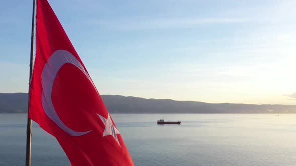 Aerial Turkish Flag and sea, sunset alt