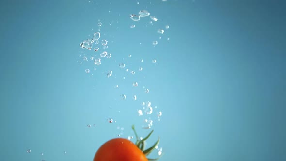 Super slow motion shot of tomatoes falling into the water with splashing. Blue background.