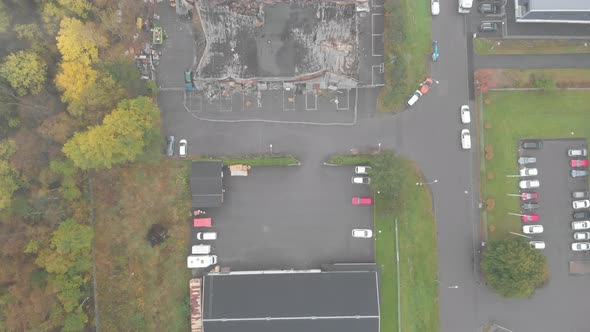 Industrial Area Warehouse Collapsed and Destroyed By Fire Birds Eye Aerial