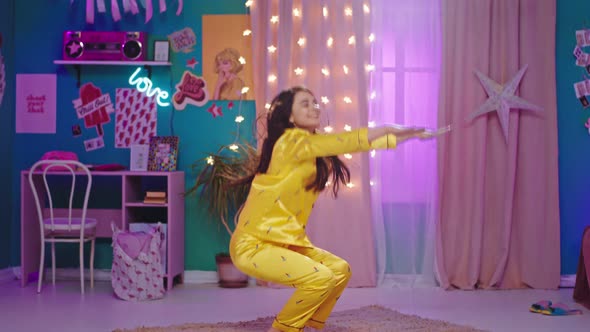 In a Bedroom Lady in Pajamas Doing the Workout on alt