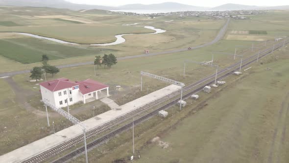 Samtskhe-Javakheti, Georgia - August 20 2021: Aerial view of Pokani railway station alt