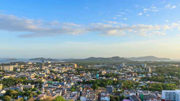 Phuket city aerial scenic view from Khao Rang Hill Park, during near sunset - Time Lapse