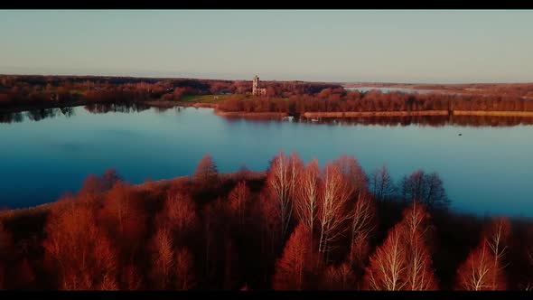 Autumn View of the Island in the Middle of the Lake at Sunset