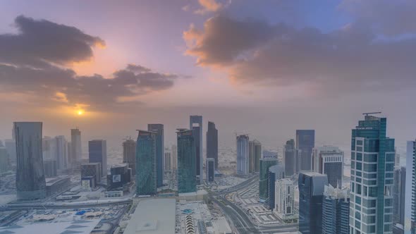 Skyscrapers at Sunset Timelapse in the Skyline of Commercial Center of Doha the Capital Qatar alt