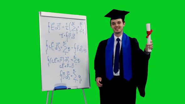 Cheerful Graduating Student Rejoices Getting Diploma Near Board with Formulas