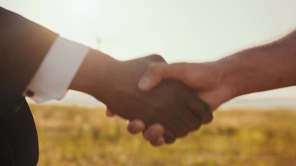 Close Up of Diverse Partners Shaking Hands Among Windmills alt