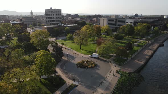 Panorama over roundabout in Riverside Park, La Crosse, Wisconsin. Bright summer day.