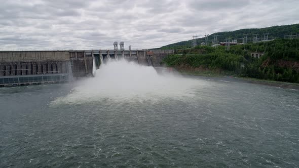 Aerial View of Water Discharge at Hydroelectric Power Plant of Krasnoyarsk City Siberia Russia alt