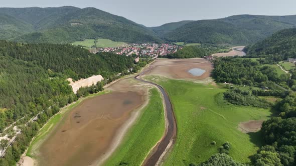 Aerial view of the dried up water reservoir Ruzin in Slovakia