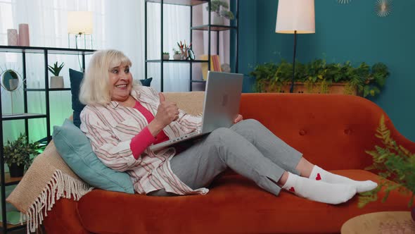 Happy Senior Grandmother Woman with Laptop Celebrate Success Win Money in Lottery Online Good News alt