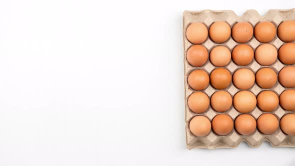 Stop motion animation raw chicken eggs in carton pack isolated on white background, Top view