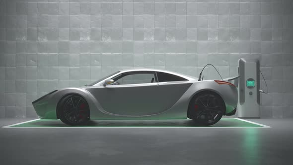 Electric car connected to the charging station. Vehicle using renewable energy alt