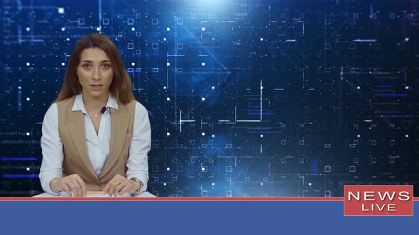Female Anchorwoman, News Presenter Talking in Broadcasting Studio alt