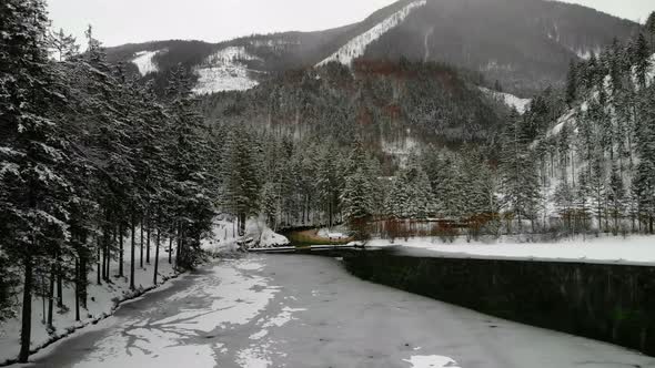 Beautiful view on an Lake with Mountains in Schiederweiher in Upper Austria Drone Video alt