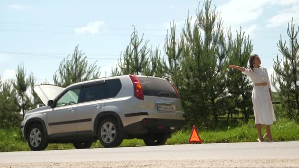 Business woman waits for assistance near her car broken down on the road side alt
