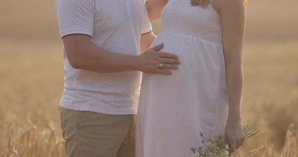 Close-up Happy Future Parents Showing Heart Shape on Tummy Kissing at Outdoor Park