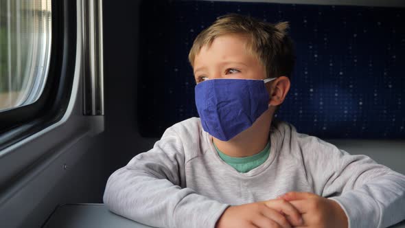 A young traveler in a surgical mask looking out the window while traveling by train