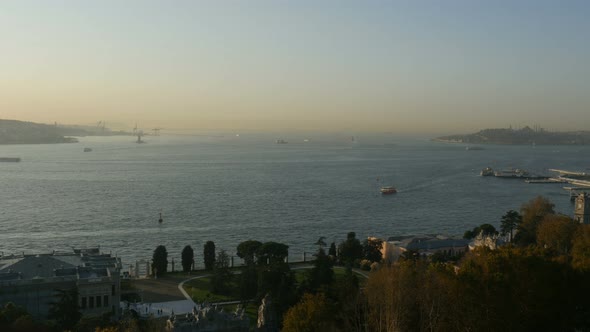 Panoramic Aerial View of Seascape of Bosphorus With Shipping Traffic.