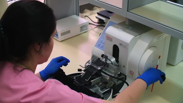 A Woman Laboratory Assistant Makes a Pathoanatomical Examination of a Tumor Using Innovative alt
