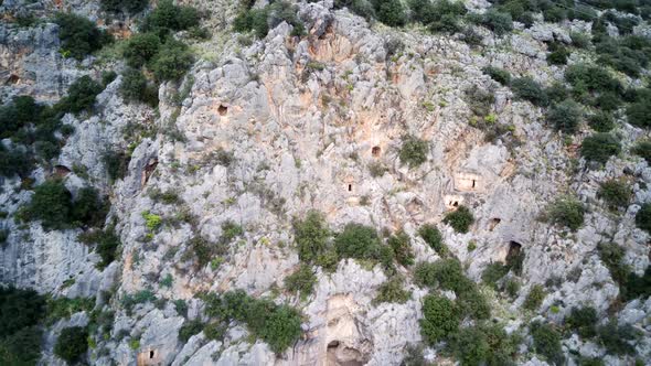 High angle drone aerial view of ancient greek lykian empire amphitheatre in Myra (Demre, Turkey) alt