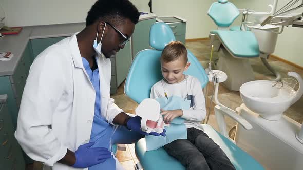 African Dentist Showing Plastic Model of Teeth to the Little Male Patient alt
