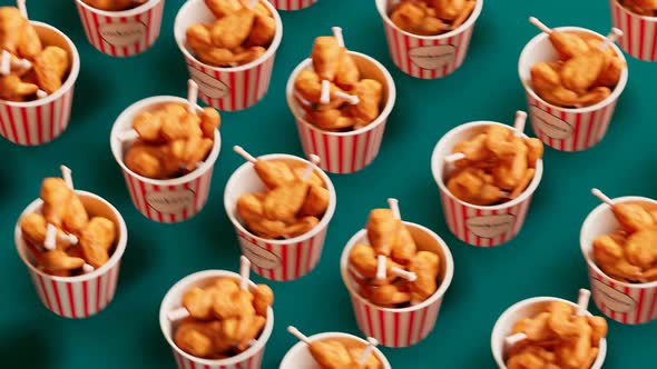 Buckets with fried chicken are jumping and moving together in one direction.Loop alt
