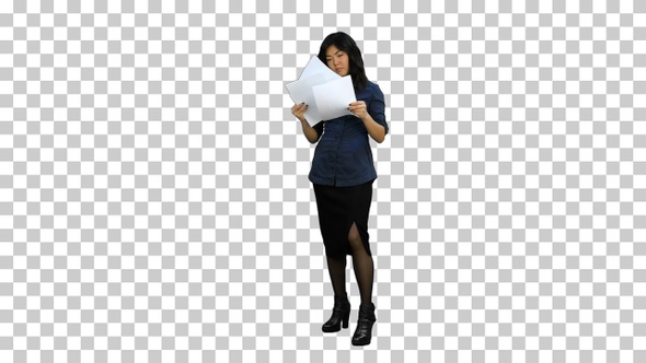 Young business woman holding documents, Alpha Channel