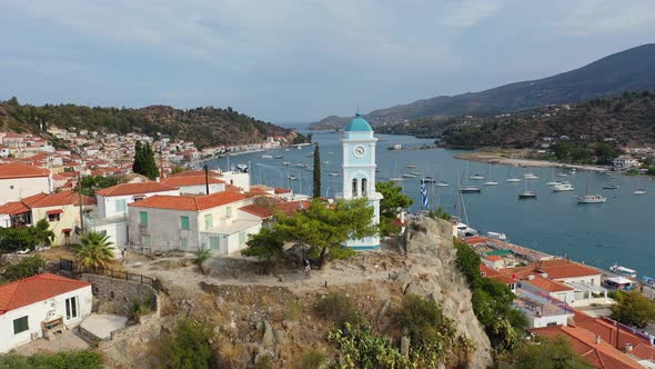 Aerial View of Poros Old Town and Marina or Seaport Greece  Drone Videography alt