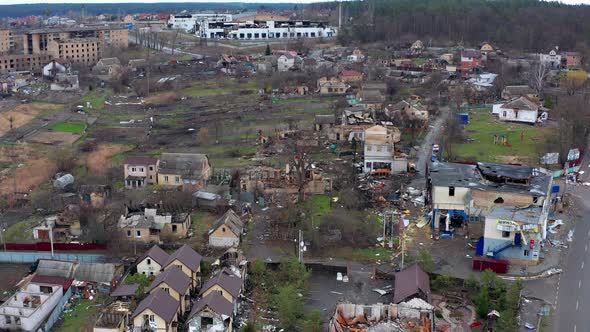 Aerial view of the destroyed and burnt houses.