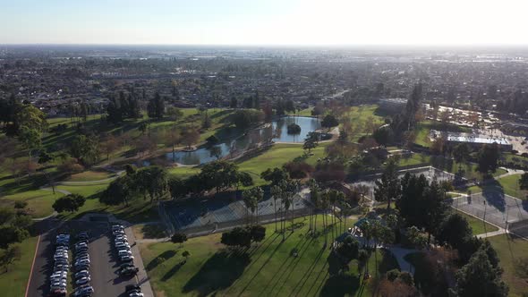 Flying over La Mirada Regional Park towards the lake. alt