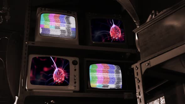 Tesla Plasma Balls looking Like COVID-19 on Retro Televisions.