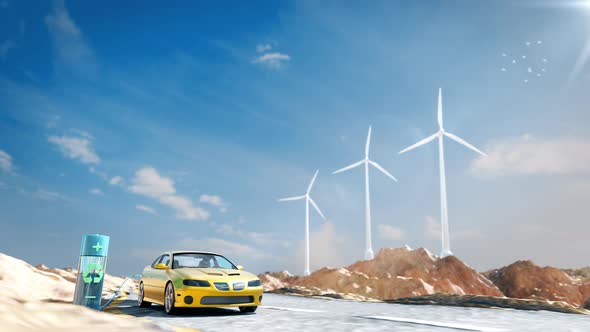 Electric car charging in natural scene with windmill animation loop.