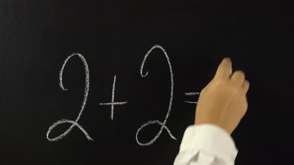 Hand Writing with Chalk on Chalkboard Mathematical Equation, Two Plus Two Equals Five alt