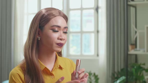 Influencer Transgender Woman Blogger Talks About Makeup. Blogger Talks Facial Beauty Treatments alt