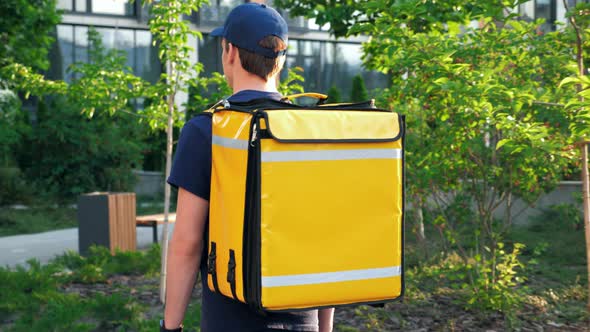 Back View Delivery Young Man Courier with Thermal Backpack Walks Down Street alt