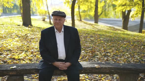 Portrait of Thoughtful Senior Man Sitting on a Bench in an Autumn Park